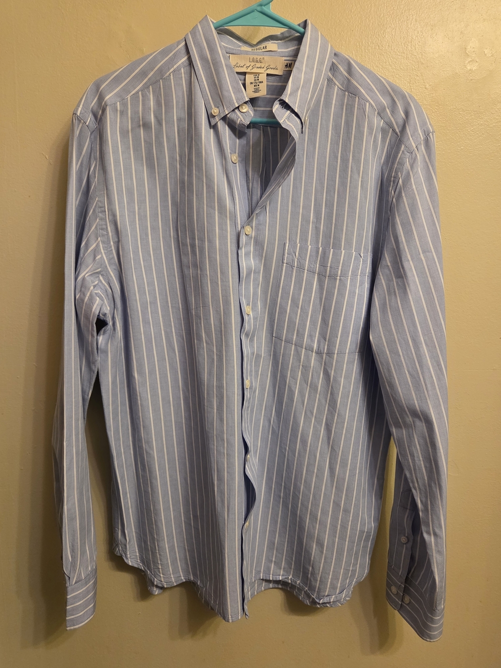 H&M L.O.G.G. Mens M Striped Button Up Shirt Blue White Cotton Classic Preppy Ivy